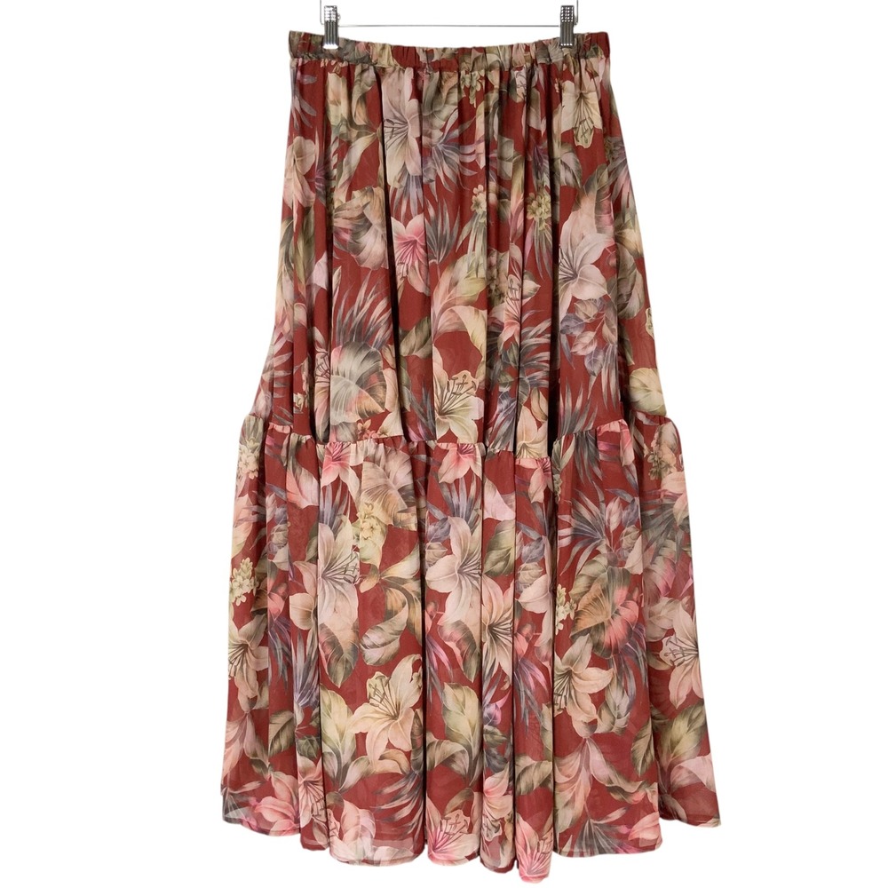 Torrid Studio Burgundy Floral Chiffon Maxi Skirt 1X Elastic Waist Tiered NEW